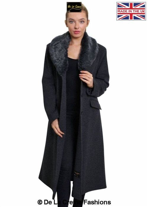 De La Creme - Womens Oversized Faux Fur Collar Long Coat__Grey / UK 20/EU 48/US 16