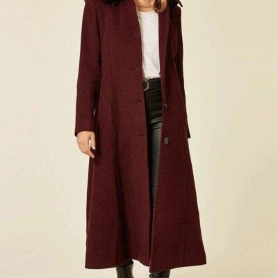 Abrigo largo con capucha y ribete de piel sintética de mezcla de lana para mujer__Vino / Reino Unido 26 / UE 54 / EE. UU. 22