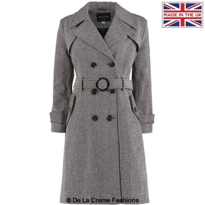 De La Creme - Damen Trenchcoat aus Tweed-Mischung mit Fischgrätmuster__Schwarz/Weiß / UK 26/EU 54/US 22