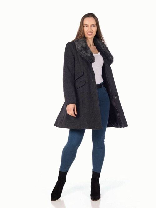 De La Creme - Womens Wool Blend Faux Fur Collar Midi Coat__Grey / UK 20/EU 48/US 16