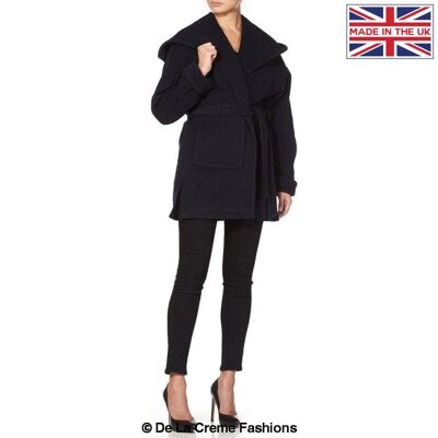 De La Creme - Damen Mantel mit offenem Gürtel und Schal mit Kapuze__Navy / UK 8/EU 36/US 4