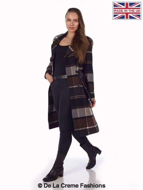 De La Creme - Women's Wool Blend Check Military Trench Coat__Brown Check / UK 26/EU 52/US 24