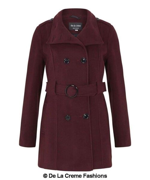 Womens Military Style Herringbone Wool Belted Coat__Wine / UK 22/EU 48/US 20/4XL