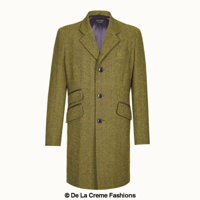 Mens Wool Blend Herringbone Design Crombie Coat__Olive / 3XL