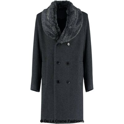 De La Creme MAN - Wool Mix Overcoat With Faux Fur Collar__Grey / 3XL