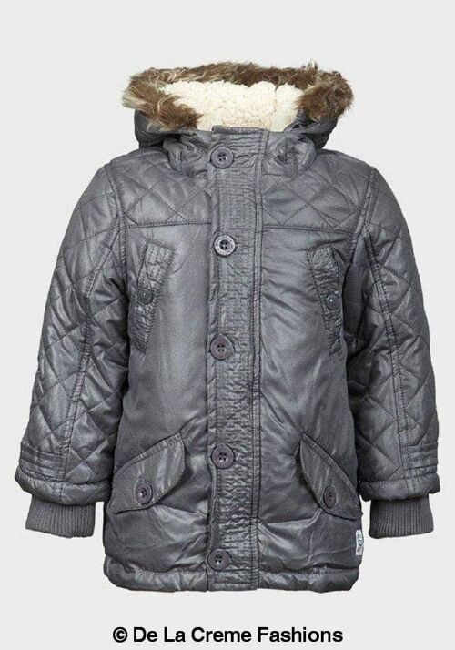 Boys Quilted Winter Padded Faux Fur Hooded Puffa Coat__Grey / 7-8 Years