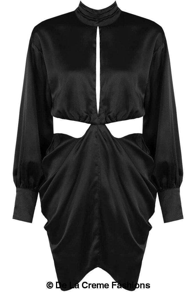 MINI ROBE PLISSÉE COL MONTANT DÉCOUPE__Noir / GRAND