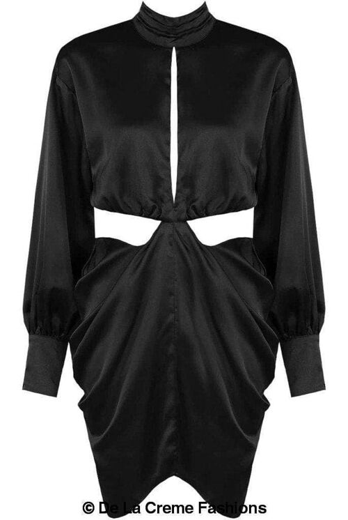 PLEATED HIGH NECK CUT OUT MINI DRESS__Black / LARGE