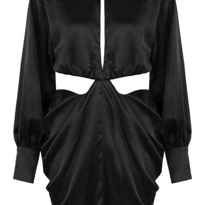PLEATED HIGH NECK CUT OUT MINI DRESS__Black / LARGE