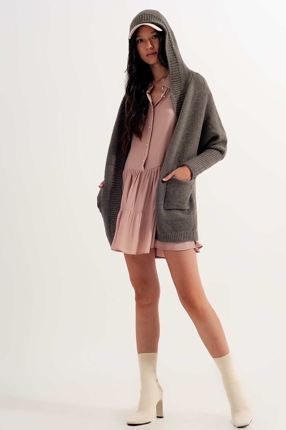 Cardigan aperto con cappuccio color kaki