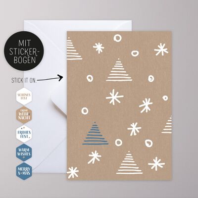 Greeting card with sticker - stars, trees, flakes