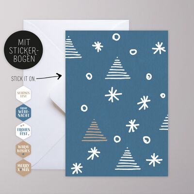 Greeting card with sticker - stars, trees, flakes / blue