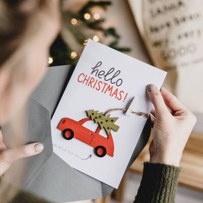 Tarjeta de Navidad A5 con decoración de coche extraíble - Rojo