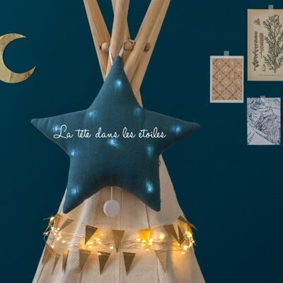 Musical star night light in duck blue linen "head in the stars"