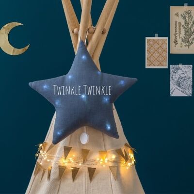 "twinkle twinkle" gray blue linen star musical night light