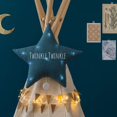 Veilleuse musicale étoile lin bleu canard "twinkle twinkle"