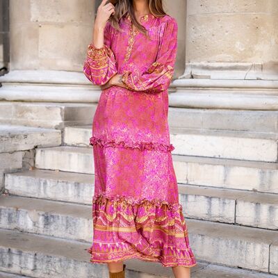 Long button-up shirt dress with bohemian print with will