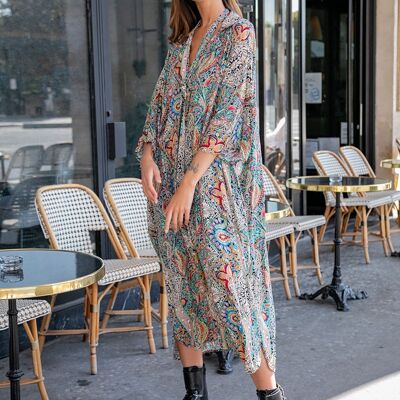 Long printed shirt dress with batwing sleeve