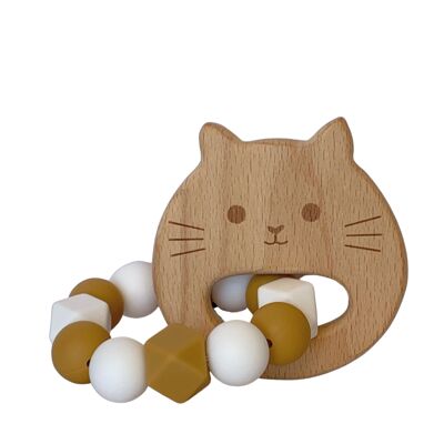 Wood and silicone rattle for babies - cat