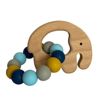 Baby rattle wood and silicone - blue elephant