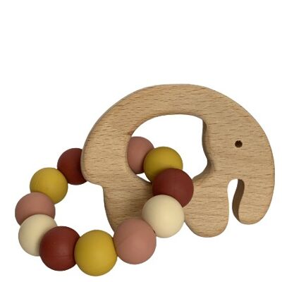 Baby wooden and silicone rattle - pink elephant