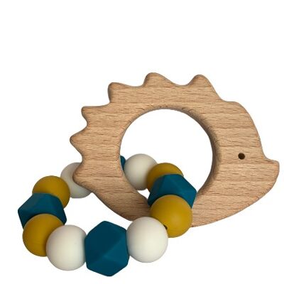 Baby rattle wood and silicone - blue hedgehog
