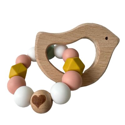 Sonaglio per bebè in legno e silicone - uccellino rosa