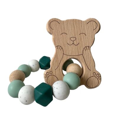 Hochet bois et silicone pour bébé - ours vert