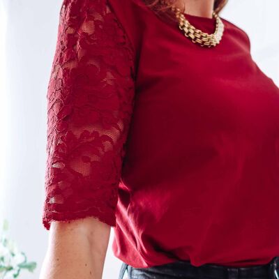 Burgundy Cotton Lace Sleeve T-Shirt