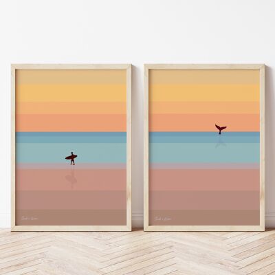Surf-Sonnenuntergang-Kunstdruck-Set