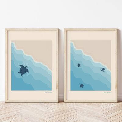 Set di stampe d'arte sulla spiaggia delle tartarughe