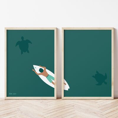 Set di stampe artistiche di tartarughe surf
