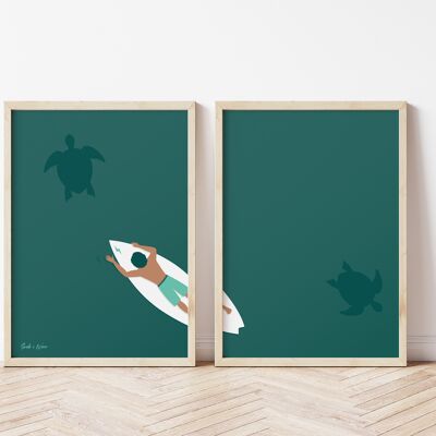 Set di stampe artistiche di tartarughe surf