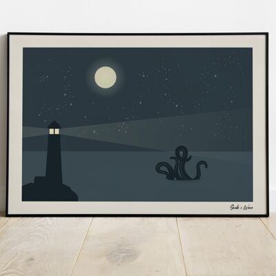 Kraken Leuchtturm Kunstdruck