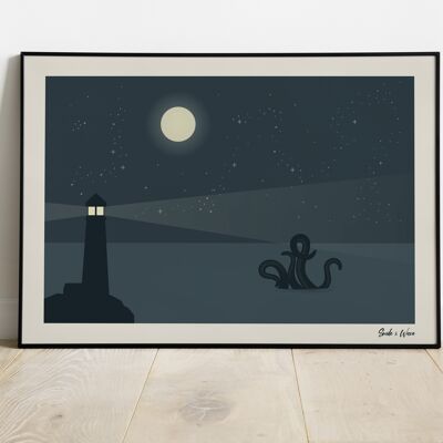 Kraken Leuchtturm Kunstdruck