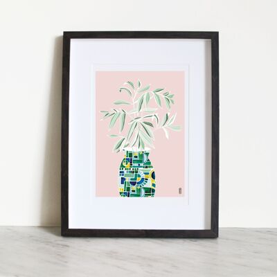 Leafy Vase Pink A4 Art Print