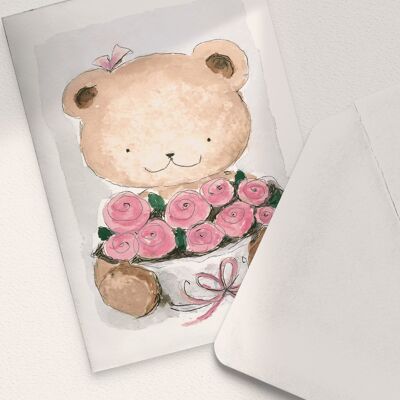 Teddy Bear and Pink Roses - A6 Folded