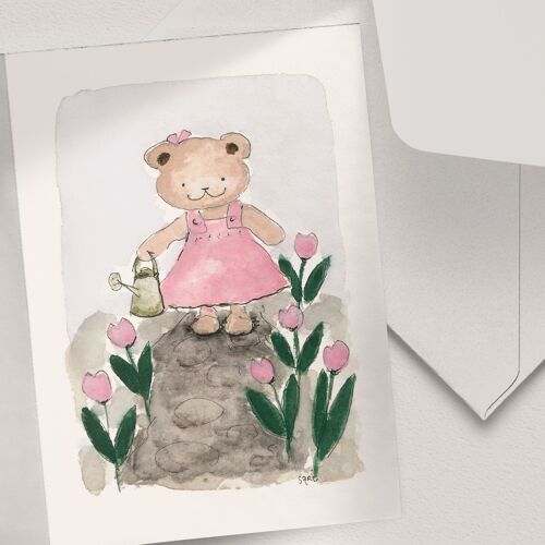 Teddy Bear and Pink Tulips - A6 Folded