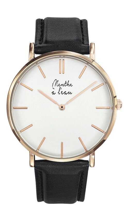 Montre la véritable Homme Bracelet cuir noir Fond blanc rose dorée