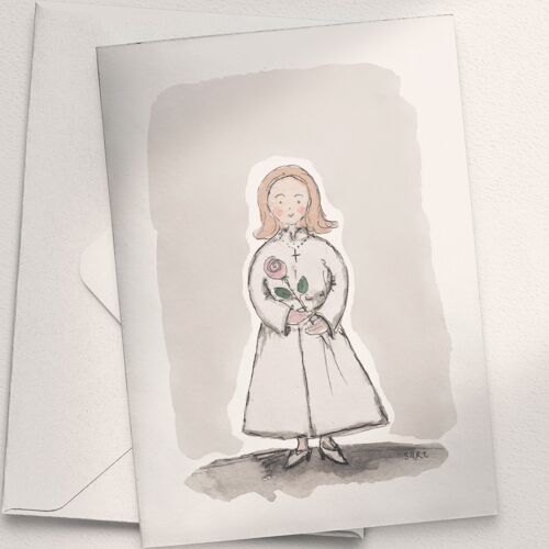 Girl with the Confirmation Dress and Pink Rose - A6 Folded