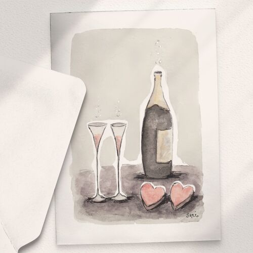 Sparkling Wine, Glasses with Hearts - A6 Folded
