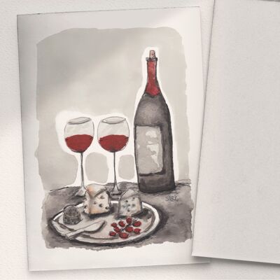 Vin rouge et plateau de fromages - A6 plié