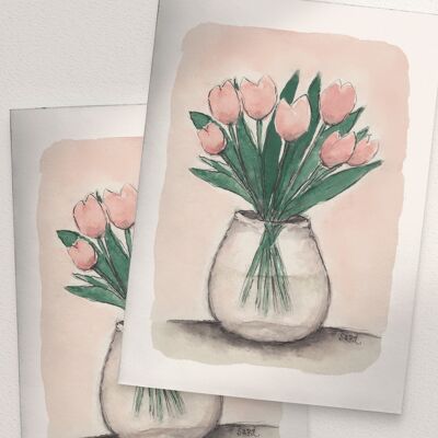 Pink Tulips in a Vase - A6 Folded