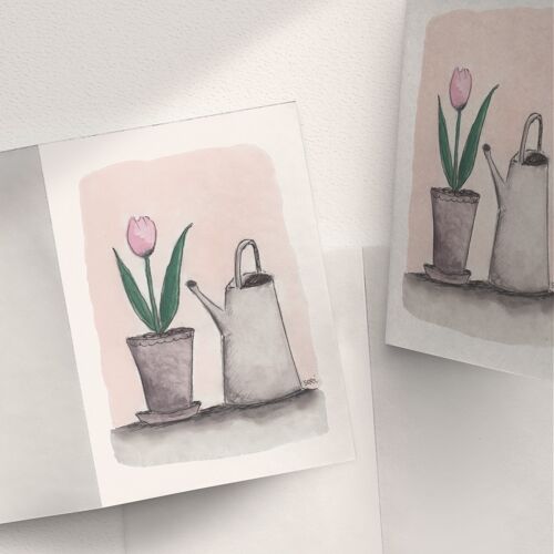 Pink Tulip Plant and a Watering Can - A6 Folded