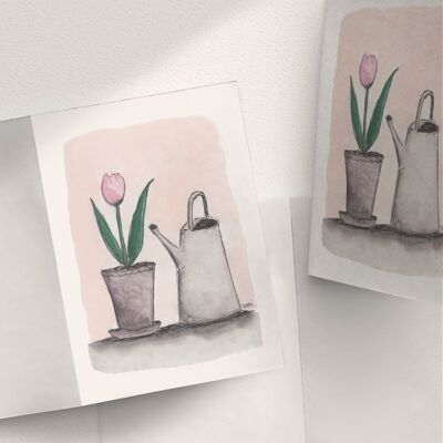 Planta de tulipán rosa y regadera - A6 plegada