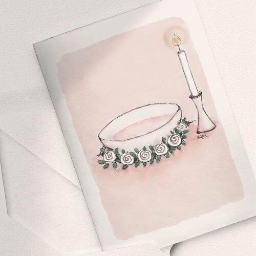 Christening Bowl and Candle, Light Pink - A6 Folded