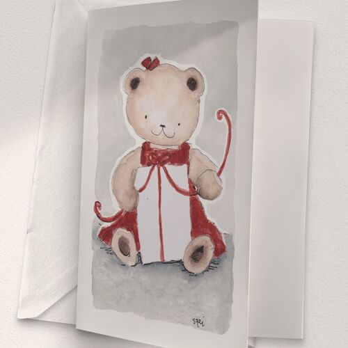 Teddy Bear Opening a Present, Red - A6 Folded