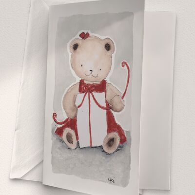 Teddybär öffnet ein Geschenk, Rot - A6 gefaltet