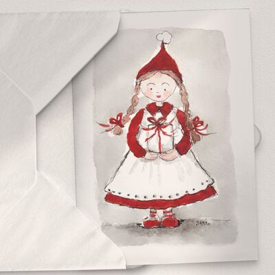 Christmas Elf Girl with a Present - A6 Folded