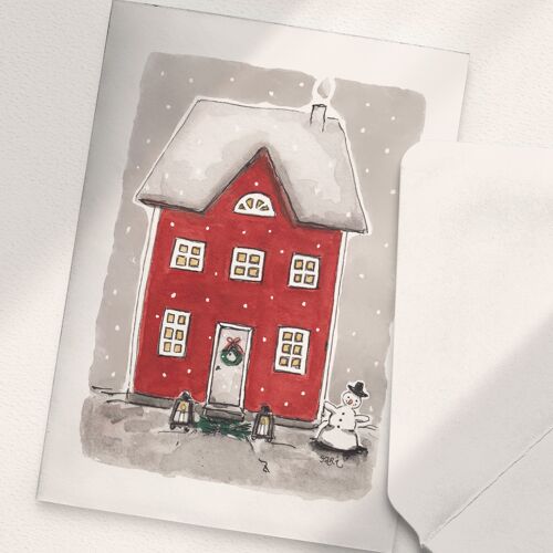 Red House and a Snowman - A6 Folded